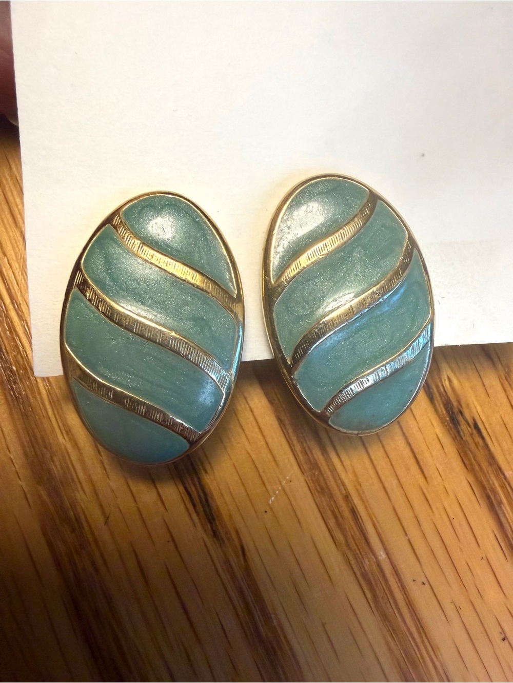 Vintage Trifari Seafoam Green Enamel Oval Clip-On Earrings with Gold Accents